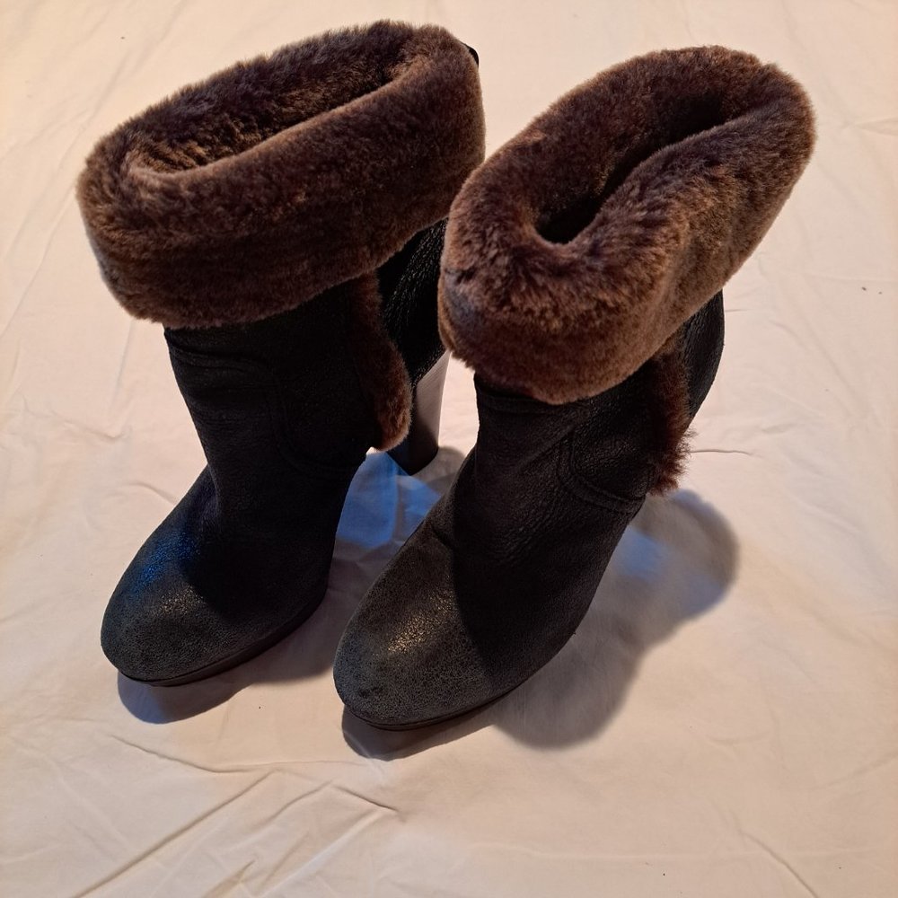 Tory Burch Black Distressed Leather Bootie with Brown Faux Fur Trim
